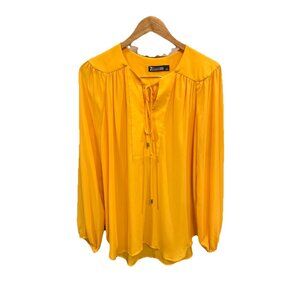 7th Avenue Design Studio women's Yellow Tunic Blouse Sz L Front Tie Long Sleeve
